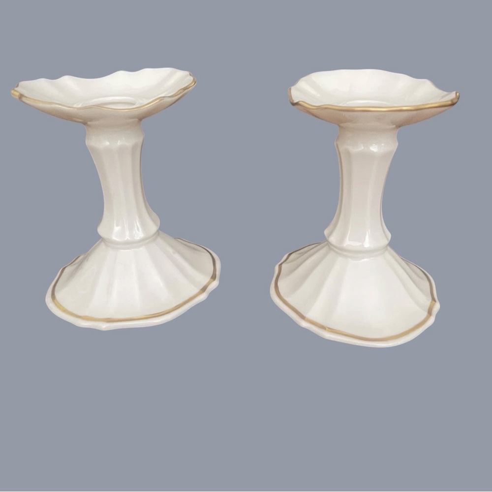 Two Lenox Symphony 4.25” Taper Candlestick Holders 24K Gold Trim USA Vintage